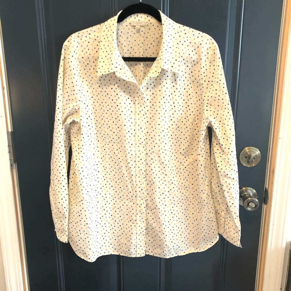 Talbots Polka Dot light yellow cream beige long sleeve button shirt xl